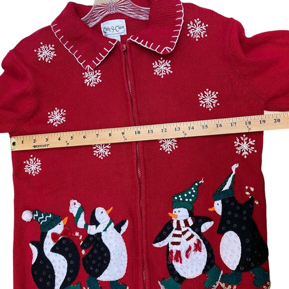 Ice Skating Penguins M Sweater Zip Front Ugly Christmas Sweater CARLY ST. CLAIRE - Picture 6 of 13